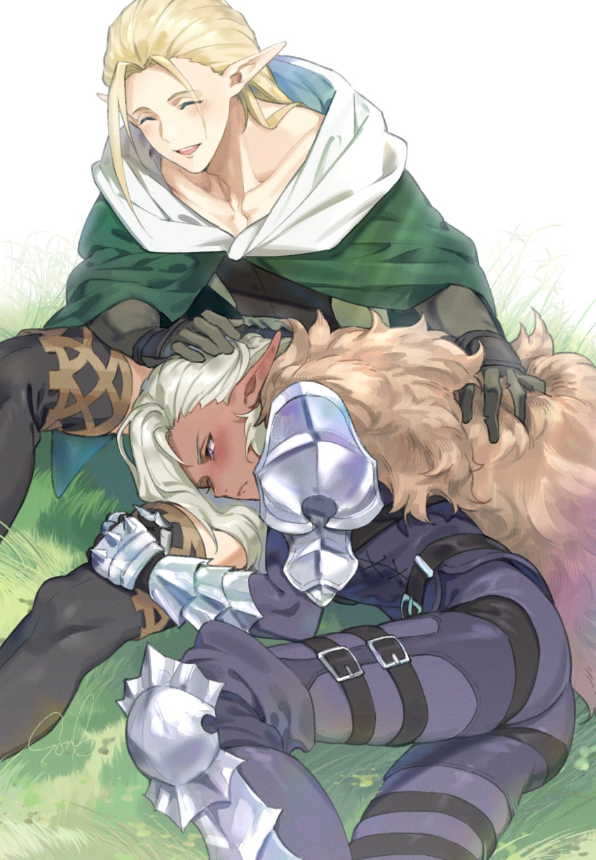 2boys ^_^ armor black_jacket black_pants black_thighhighs blonde_hair blush brown_gloves brown_shirt cape cloak closed_eyes closed_mouth collarbone cowboy_shot dark-skinned_male dark_elf dark_skin elf fur_cloak gauntlets gloves grass green_cape hand_on_another's_head highres ithilion_(unicorn_overlord) jacket lap_pillow lhinalagos_(unicorn_overlord) long_hair lying male_focus multiple_boys on_side open_mouth ouosoul pants pauldrons pointy_ears shirt shoulder_armor sitting smile thighhighs unicorn_overlord white_background white_hair yaoi