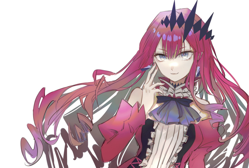 1girl baobhan_sith_(fate) baobhan_sith_(first_ascension)_(fate) bare_shoulders breasts closed_mouth detached_sleeves dress earrings fate/grand_order fate_(series) frilled_dress frills grey_eyes hair_ornament hand_up highres jewelry long_hair looking_at_viewer mroaridnryed_alter nail_polish pink_hair pink_nails pointy_ears red_dress sidelocks smile solo upper_body white_background