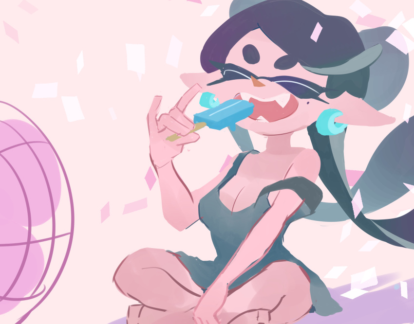 1girl :d ^_^ absurdres aqua_dress bare_arms bare_legs bare_shoulders barefoot black_hair bow-shaped_hair breasts callie_(splatoon) cleavage closed_eyes dress earrings electric_fan fangs food hand_up highres holding holding_food holding_popsicle indian_style jewelry koike3582 long_hair medium_breasts mole mole_under_eye open_mouth pointy_ears popsicle short_dress short_eyebrows sitting smile solo splatoon_(series) strap_slip teeth tentacle_hair very_long_hair
