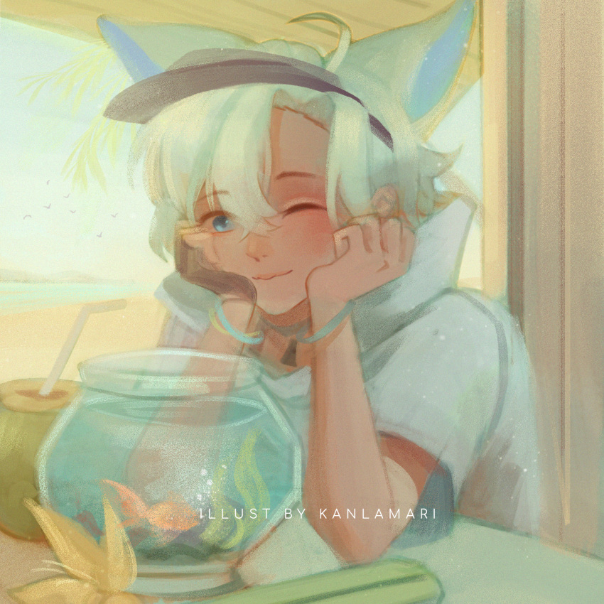 1boy ahoge animal_ears beach black_hat blue_bracelet blue_eyes bubble cat_ears closed_mouth collared_shirt commentary cup day drink drinking_straw elbows_on_table english_commentary fish fishbowl flower goldfish high_collar highres jewelry kanlamari light_blush lips looking_at_viewer male_focus one_eye_closed original outdoors palm_tree parted_bangs pendant seaweed shirt short_hair short_sleeves smile solo tan tree upper_body veranda visor_cap white_hair white_shirt white_sleeves yellow_flower