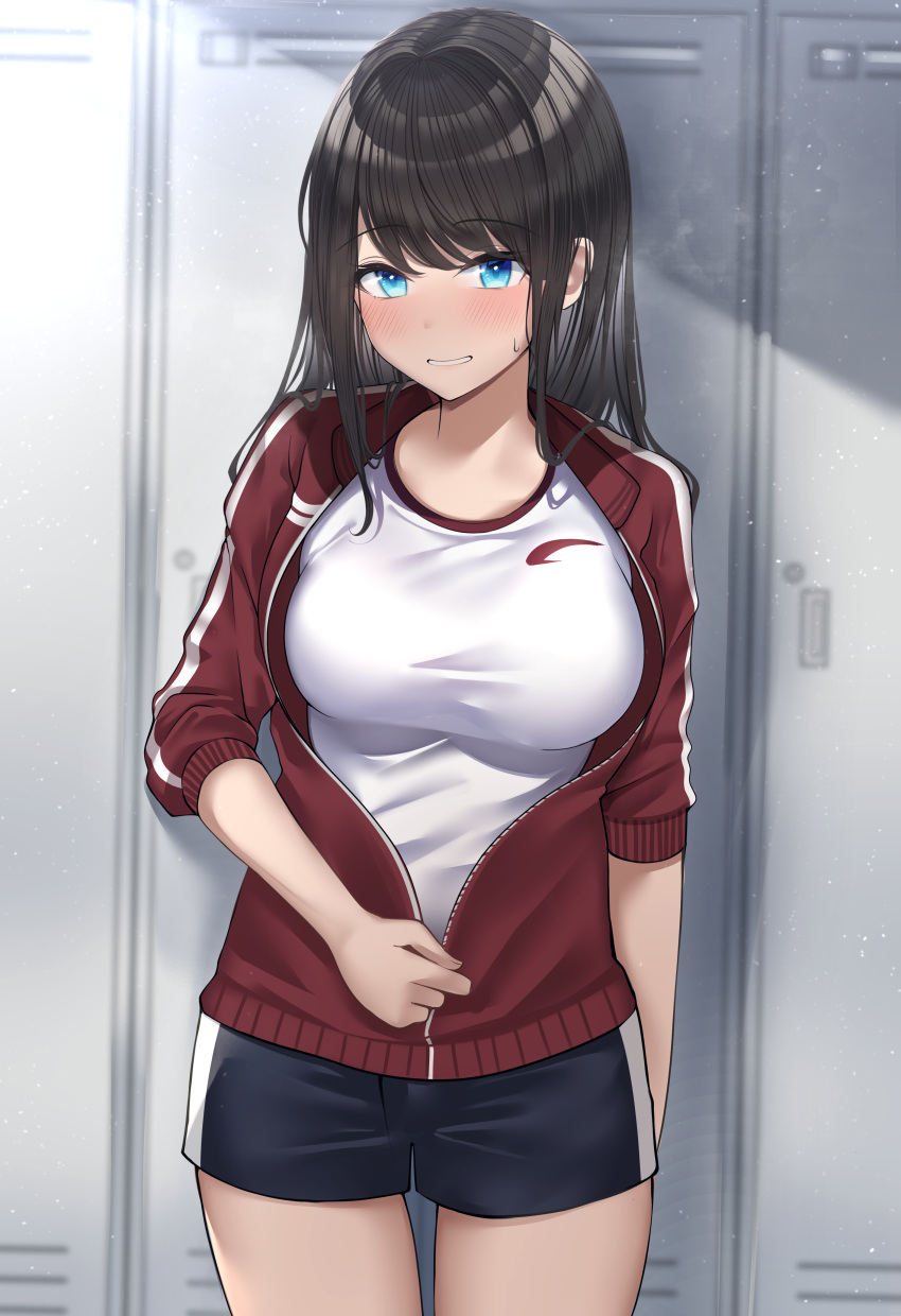 1girl absurdres arm_at_side bangs black_hair black_shorts blue_eyes blush breasts commentary_request cowboy_shot gym_shorts gym_uniform highres jacket kaku_yone locker locker_room long_hair looking_at_viewer medium_breasts open_clothes open_jacket original red_jacket short_shorts shorts smile solo standing track_jacket track_suit unzipping