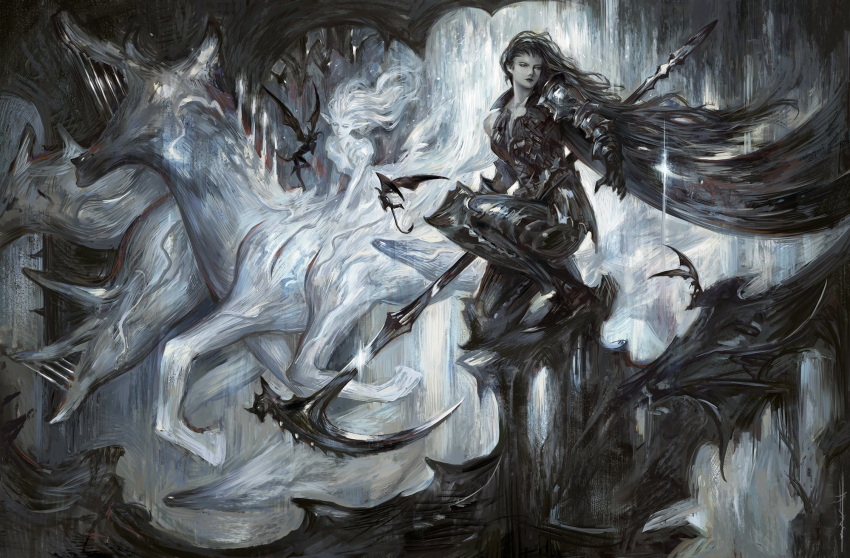 2girls animal armor black_armor black_hair cave colored_skin demon dress fantasy flying ghost highres jingliang_j long_hair multiple_girls original pointy_ears riding riding_animal squatting very_long_hair white_dress white_hair white_skin