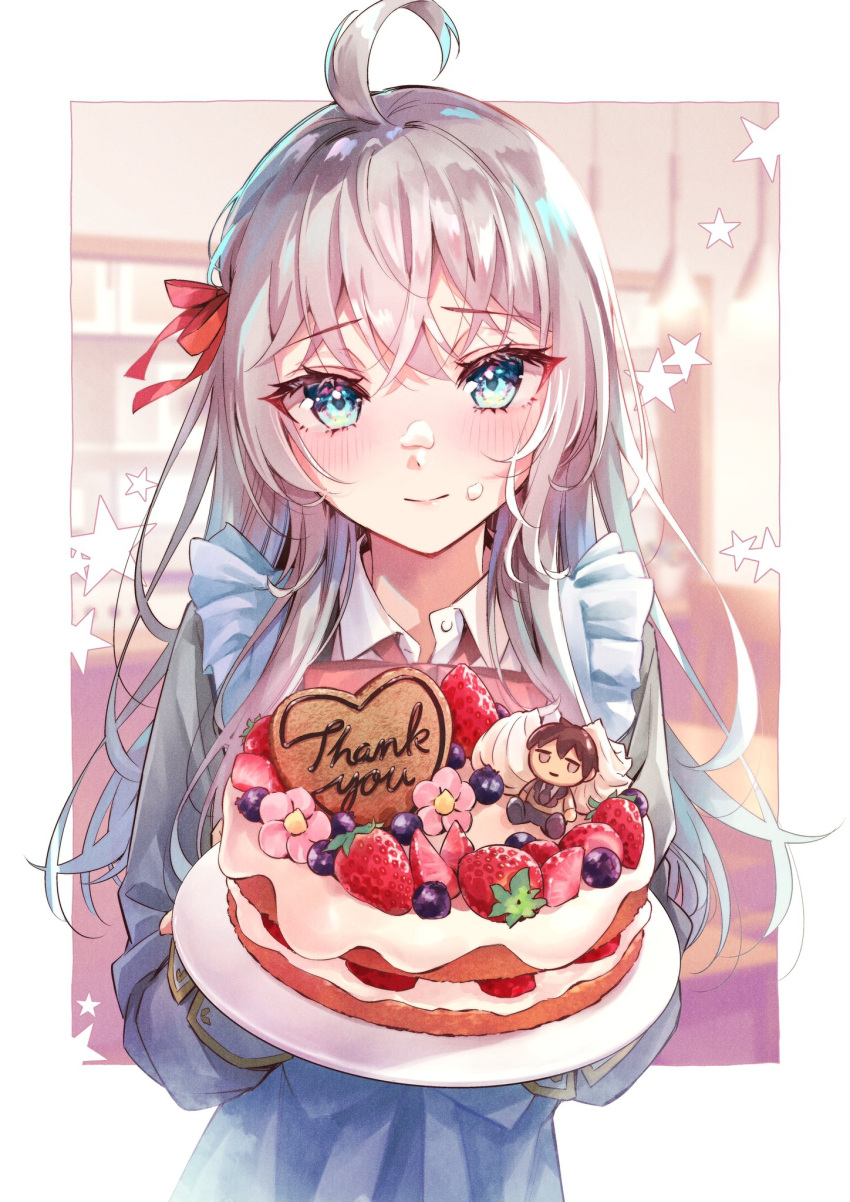 1girl ahoge alisa_mikhailovna_kujou apron blue_apron blush cake chibi cream cream_on_face food food_on_face fruit highres holding holding_cake holding_food holding_plate long_hair looking_at_viewer masachika_kuze official_art plate star_(symbol) strawberry strawberry_cake tenacitysaho textless_version thank_you tokidoki_bosotto_roshia-go_de_dereru_tonari_no_arya-san white_background white_hair