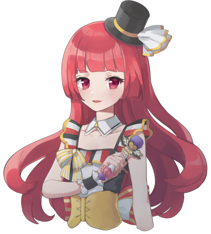 1girl :d bad_id bad_twitter_id blunt_bangs corset cropped_torso detached_collar hat highres hojo_sophy holding holding_microphone idol_clothes inactive_account long_hair looking_at_viewer microphone mini_hat mini_top_hat open_mouth pretty_series pripara red_eyes red_hair shiyurinpu simple_background smile solo tilted_headwear top_hat upper_body white_background