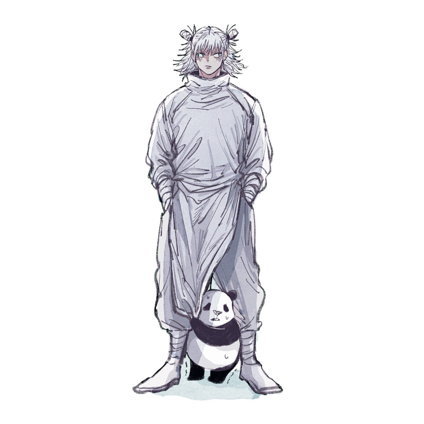 1boy 1other full_body highres jujutsu_kaisen kashimo_hajime neuchimonai panda panda_(jujutsu_kaisen) scared shirt simple_background white_background white_hair white_shirt