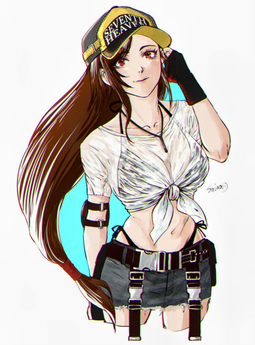 1girl baseball_cap bikini bikini_under_clothes black_bikini black_hair breasts brown_hair closed_mouth collarbone commentary_request cowboy_shot cropped_legs denim denim_skirt elbow_pads final_fantasy final_fantasy_vii final_fantasy_vii_ever_crisis final_fantasy_vii_remake fingerless_gloves gloves halterneck hat highleg highleg_bikini highres large_breasts long_hair looking_at_viewer low-tied_long_hair midriff miniskirt navel official_alternate_costume red_eyes see-through see-through_shirt shinogu_r shirt short_sleeves side-tie_bikini_bottom single_elbow_pad skirt solo swimsuit tied_shirt tifa_lockhart tifa_lockhart_(lifeguard) wet wet_clothes wet_shirt whistle whistle_around_neck