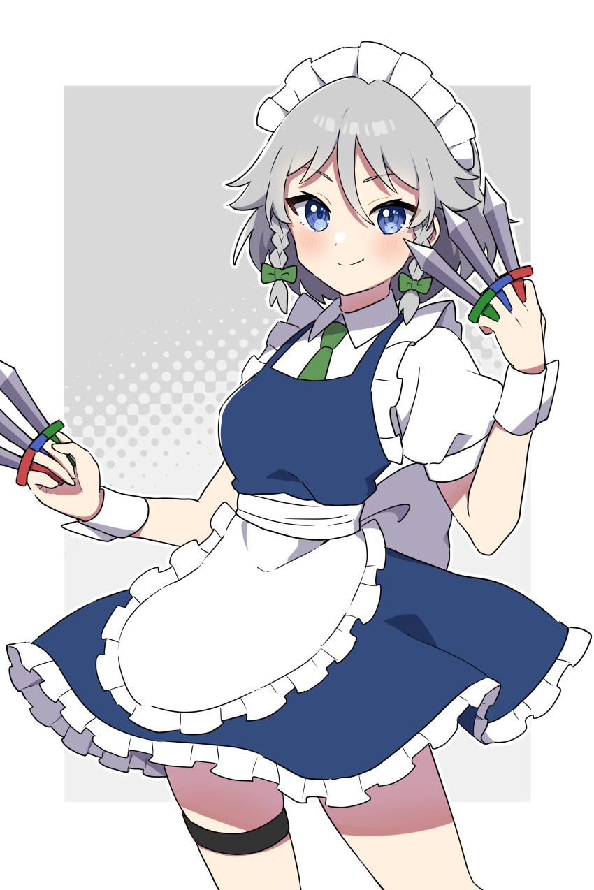 1girl absurdres apron between_fingers blue_dress blue_eyes blush border bow braid closed_mouth collared_shirt commentary cowboy_shot dress frilled_apron frilled_dress frills green_bow green_necktie grey_background grey_hair hair_between_eyes hair_bow highres holding holding_knife izayoi_sakuya knife knives_between_fingers looking_at_viewer maid maid_headdress miz_(mizillustration) necktie outline outside_border pinafore_dress puffy_short_sleeves puffy_sleeves shirt short_hair short_sleeves side_braids sleeveless sleeveless_dress smile solo split_mouth standing symbol-only_commentary thigh_strap touhou twin_braids waist_apron white_apron white_border white_outline white_shirt wrist_cuffs