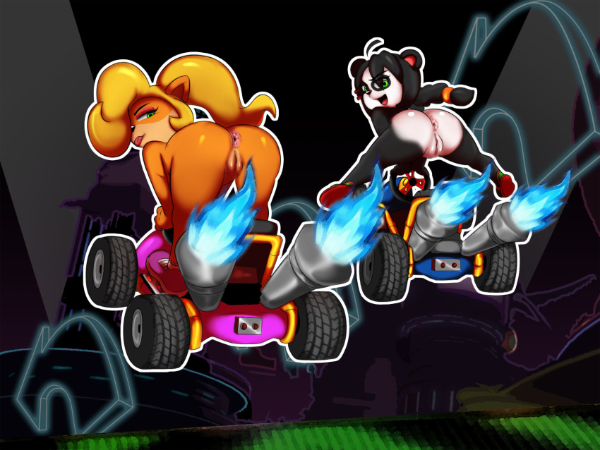 2024 activision bandicoot bear butt coco_bandicoot colored crash_bandicoot_(series) crash_team_racing_(series) female fire genitals hi_res kart looking_at_viewer mammal marsupial midair nude oddrich pussy racing scrabble007 smile spread_legs spreading third-party_edit vehicle yaya_panda