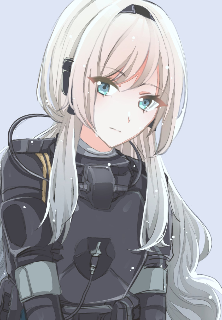 1girl an-94_(girls'_frontline) an-94_(the_diving_bell_and_the_doll)_(girls'_frontline) aqua_eyes bangs black_hairband bodysuit closed_mouth commission diving_suit eyes_visible_through_hair girls'_frontline grey_hair hairband highres light_blue_background long_hair official_alternate_costume shadow71580825 simple_background solo upper_body wet_suit