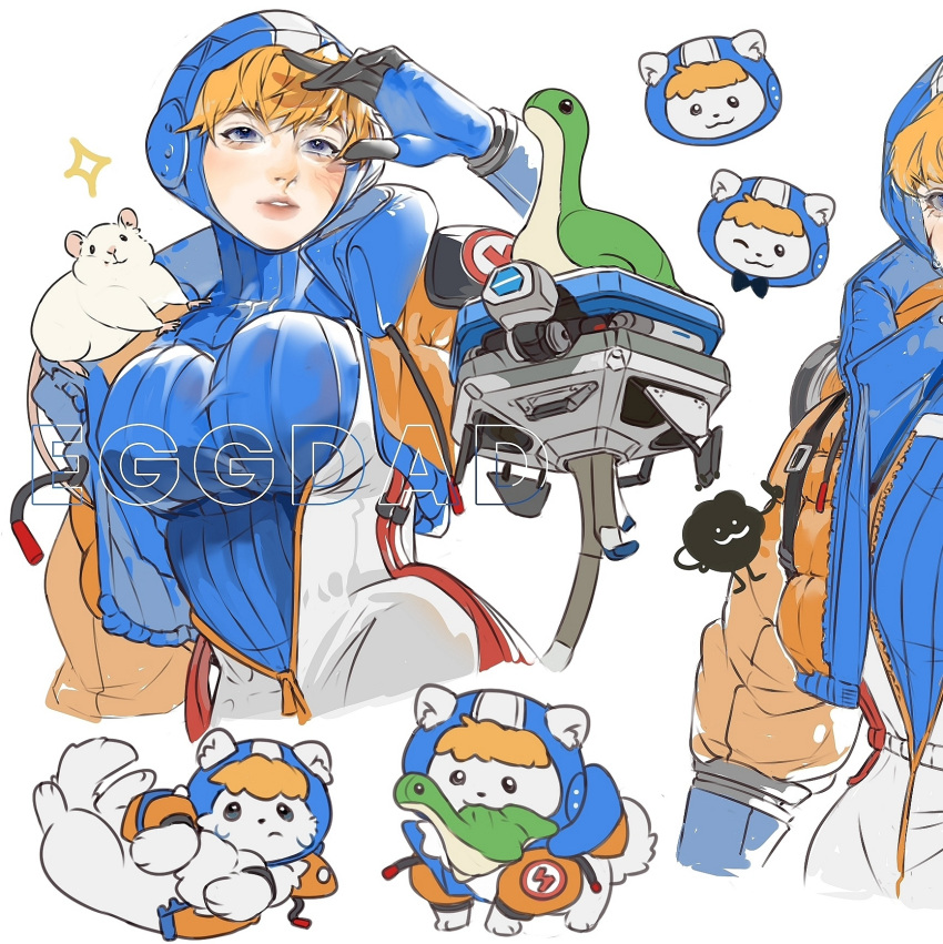 1girl animalization apex_legends blonde_hair blue_bodysuit blue_eyes blue_gloves bodysuit breasts cable d.o.c._health_drone dog gloves highres hongshao_dan_die hood hooded_bodysuit hooded_jacket jacket large_breasts lightning_bolt_symbol looking_at_viewer multiple_views nessie_(respawn) non-humanoid_robot orange_jacket parted_lips ribbed_bodysuit robot signature skin_tight sparkle stuffed_toy wattson_(apex_legends) white_bodysuit