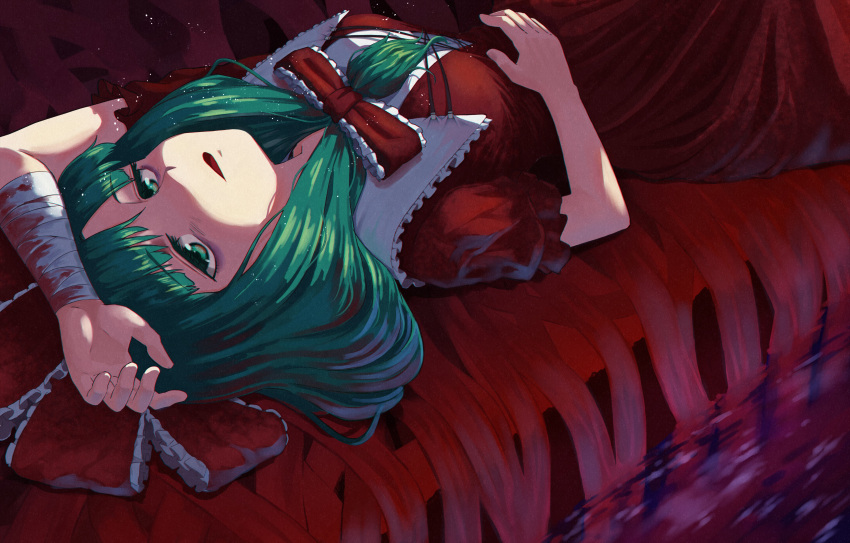 1girl absurdres bags_under_eyes bandaged_arm bandages blood collared_dress commentary dress frilled_ribbon frills front_ponytail green_eyes green_hair hair_ribbon hand_on_own_stomach highres iroiro_yaru_hito kagiyama_hina long_hair looking_at_viewer lying on_back parted_lips red_dress red_ribbon ribbon solo touhou water