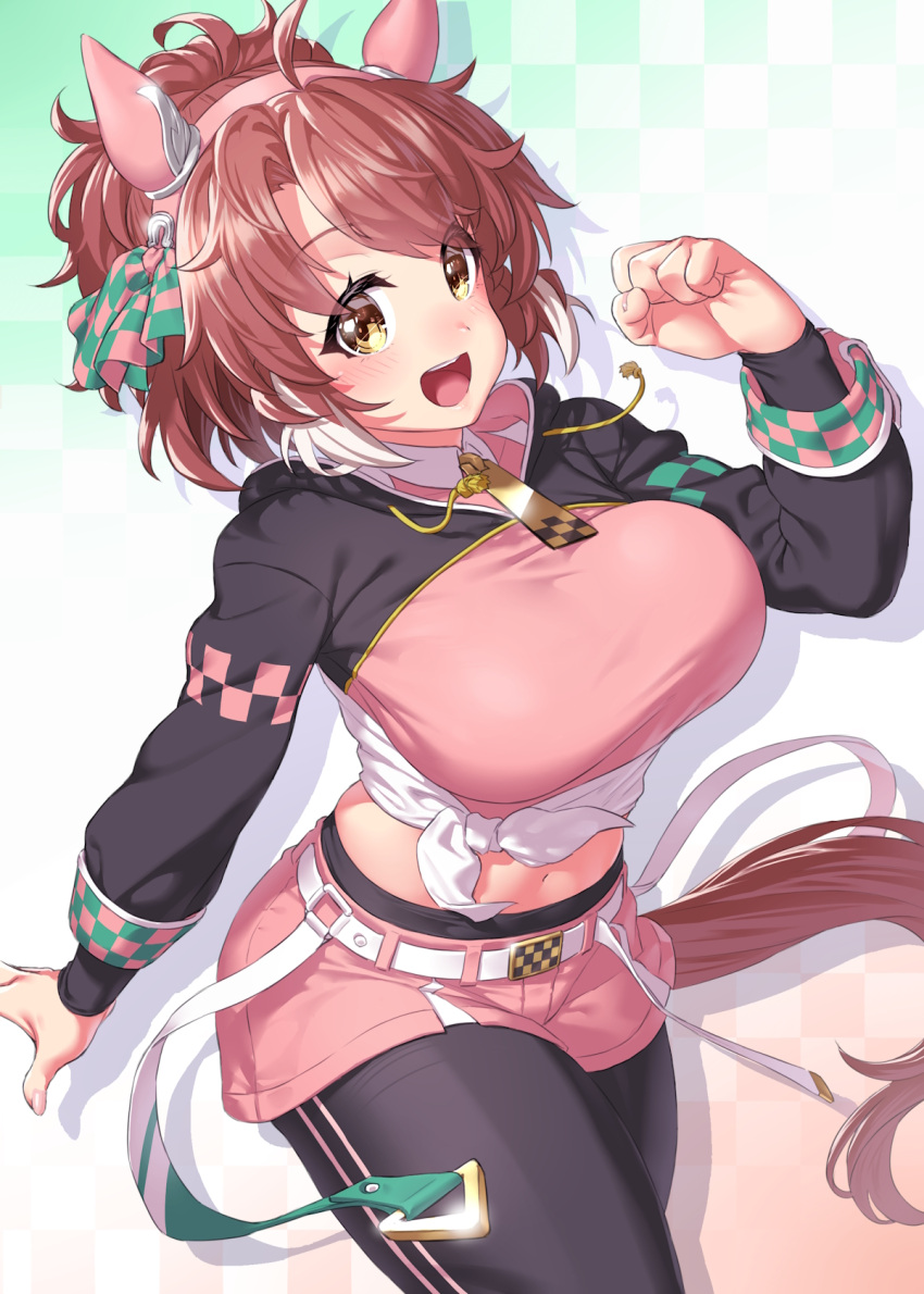 :d ahoge animal_ears black_pantyhose breasts brown_eyes brown_hair clenched_hand dantsu_flame_(umamusume) ear_covers from_side hairband highres horse_ears horse_girl large_breasts looking_at_viewer medium_hair midriff multicolored_hair navel onsoku_inu pantyhose pink_hairband pink_shorts ponytail shorts smile solo two-tone_hair umamusume yellow_eyes