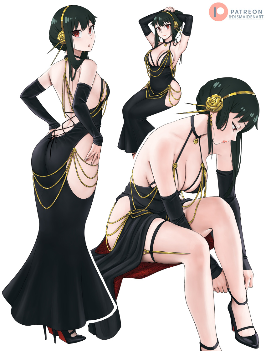 1girl absurdres alternate_costume bare_shoulders black_dress black_hair breasts chain cleavage dismaiden dress earrings gold_chain hair_ornament hairband highres hip_vent jewelry large_breasts long_hair low_neckline meme_attire modakawa_dress multiple_views open_mouth red_eyes sidelocks simple_background sleeveless sleeveless_dress solo spy_x_family tight_clothes tight_dress white_background yor_briar