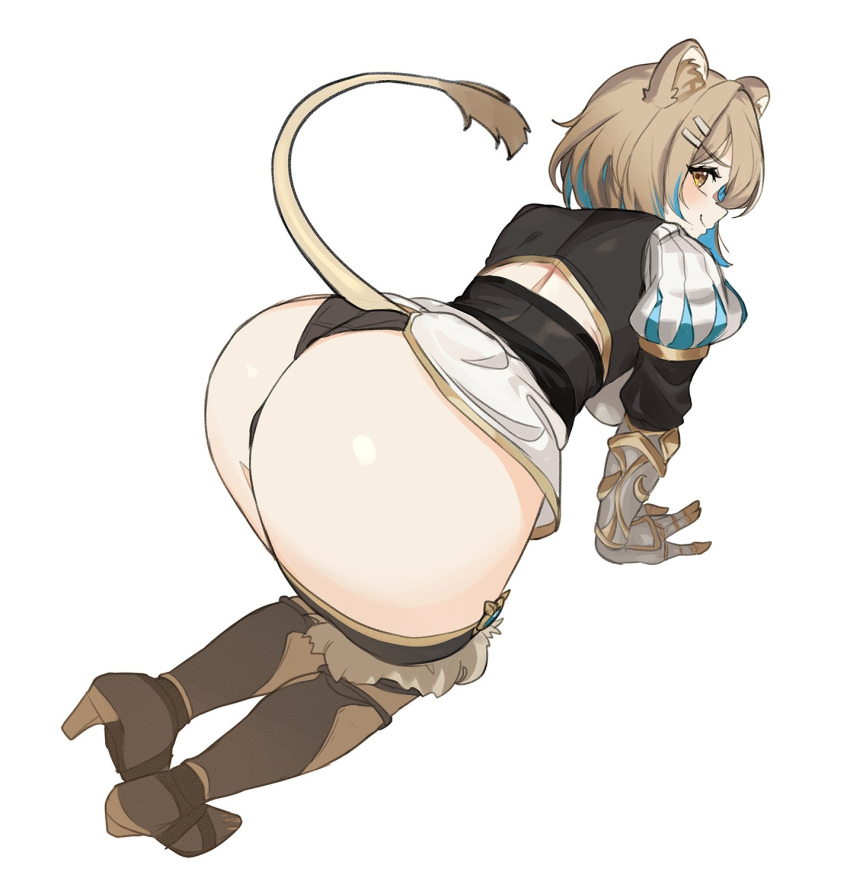 1girl all_fours animal_ear_fluff animal_ears ass back_cutout boots brown_hair clothing_cutout hair_ornament hairclip hazumi_aileen highres huge_ass indie_virtual_youtuber lion_ears lion_girl lion_tail looking_at_viewer solo tail thernz thigh_boots thong virtual_youtuber white_background