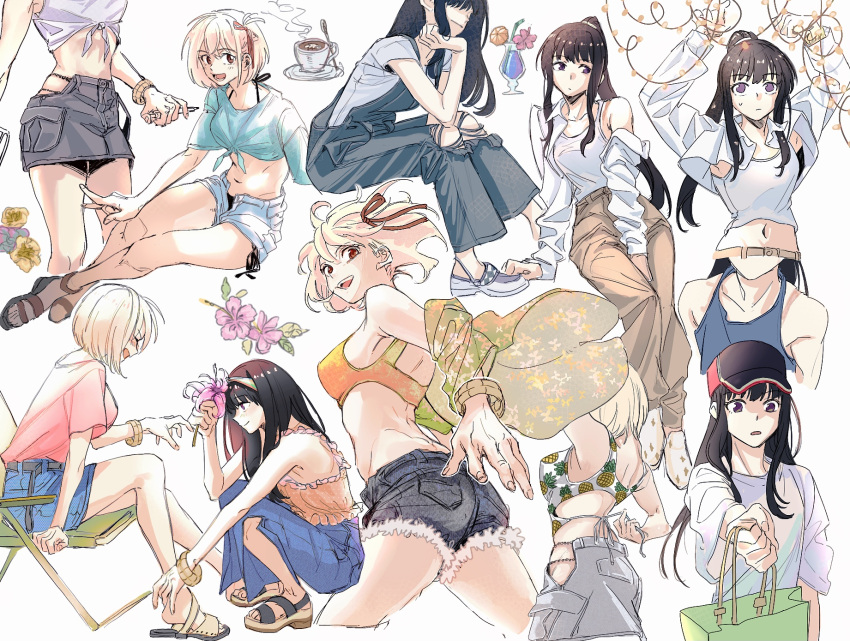 2girls alcohol baseball_cap black_hair blonde_hair blue_tank_top blush bob_cut bracelet breasts collared_shirt commentary_request denim denim_shorts flower hair_ribbon hat headband highres inoue_takina jeans jewelry koyomania lights long_hair lycoris_recoil midriff multiple_girls nishikigi_chisato overalls pants pineapple_print ponytail purple_eyes red_eyes red_ribbon ribbon sandals shirt short_hair shorts simple_background smile tank_top white_background white_shirt white_tank_top