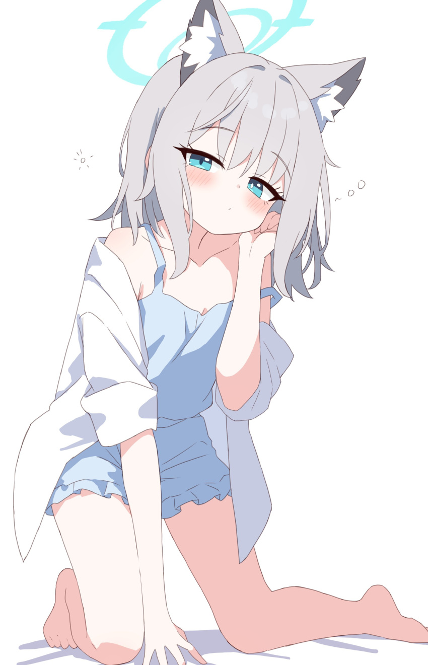 1girl absurdres animal_ear_fluff animal_ears bare_shoulders blue_archive blue_camisole blue_eyes blue_halo blue_shorts blush camisole closed_mouth dot_mouth expressionless frilled_shorts frills grey_hair halo highres kneeling looking_at_viewer medium_hair shadow shiroko_(blue_archive) short_shorts shorts simple_background sleepwear solo squeans strap_slip white_background wolf_ears yukisiannn