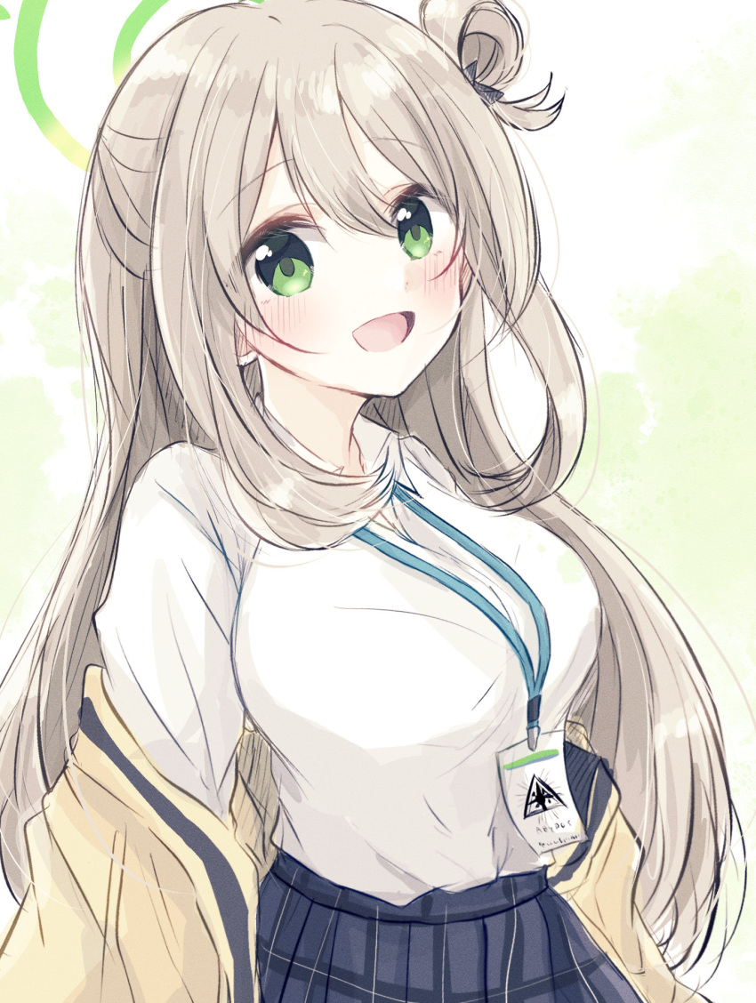 1girl :d baran._(ba_ra_ran) blue_archive blue_sky blush breasts collarbone commentary dress_shirt green_background green_eyes green_halo hair_bun halo highres id_card jacket jacket_partially_removed lanyard large_breasts light_brown_hair long_hair looking_at_viewer nonomi_(blue_archive) open_mouth plaid plaid_skirt pleated_skirt shirt side_up_bun sidelocks single_side_bun skirt sky smile solo swept_bangs two-tone_background upper_body very_long_hair watercolor_background white_background white_shirt yellow_jacket