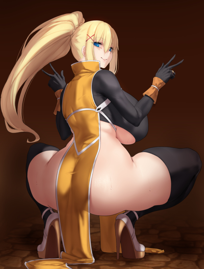 ass aster_crowley black_gloves black_thighhighs blonde_hair blue_eyes breasts curvy darkness_(konosuba) female_pervert gloves hair_ornament high_heels highres huge_ass jewelry knight kono_subarashii_sekai_ni_shukufuku_wo! large_breasts long_hair long_sleeves looking_at_viewer looking_back pelvic_curtain pervert plump ponytail ring smile spread_legs squatting thick_thighs thighhighs thighs tiptoes v wide_hips x_hair_ornament