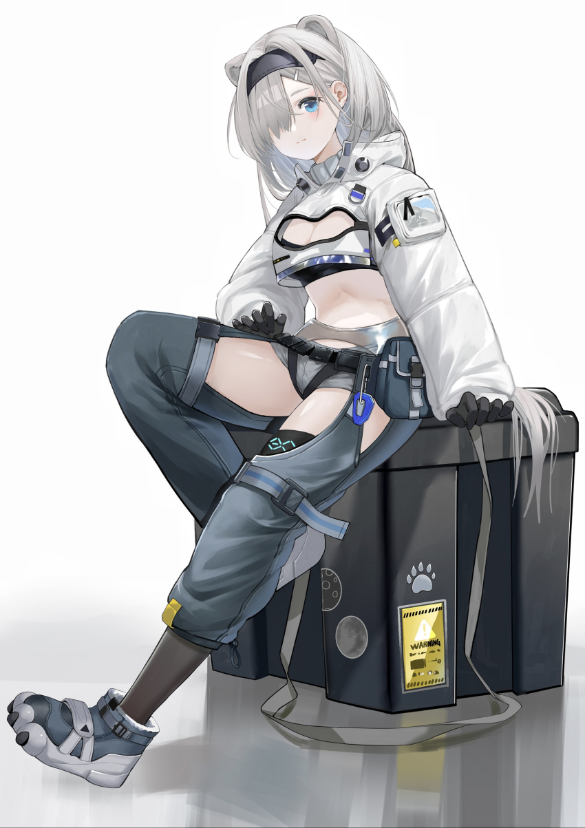 1girl absurdres animal_ears arknights aurora_(arknights) bear_ears belt belt_pouch black_gloves black_hairband black_pants black_socks blue_eyes blush box breasts cigarette_p cleavage closed_mouth crop_top extra_ears full_body gloves grey_footwear grey_hair hair_ornament hair_over_one_eye hairband hairclip highres long_hair long_sleeves looking_at_viewer medium_breasts navel pants pouch puffy_long_sleeves puffy_sleeves shoes shrug_(clothing) sign simple_background sitting smile socks solo very_long_hair warning_sign white_background
