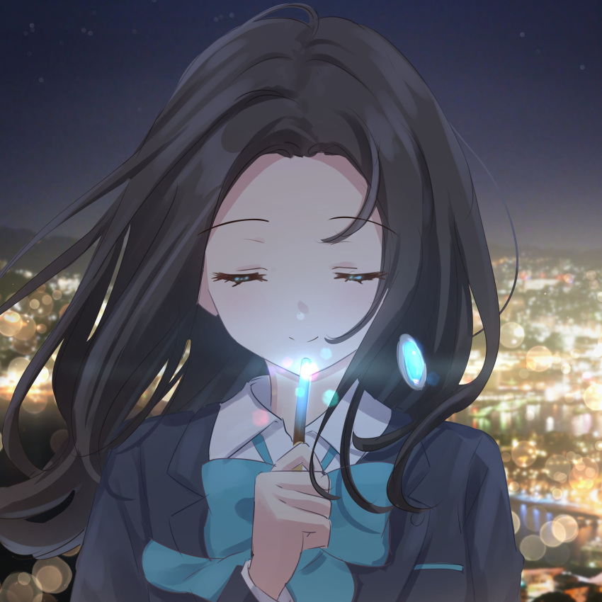 1girl absurdres alt_text black_hair black_jacket blazer blue_bow blue_bowtie bow bowtie cityscape closed_eyes closed_mouth collared_shirt commentary_request glowing hand_up highres holding holding_wand jacket long_hair long_sleeves night original photo_background school shirt smile solo split_mouth wand white_shirt yutuki_ame