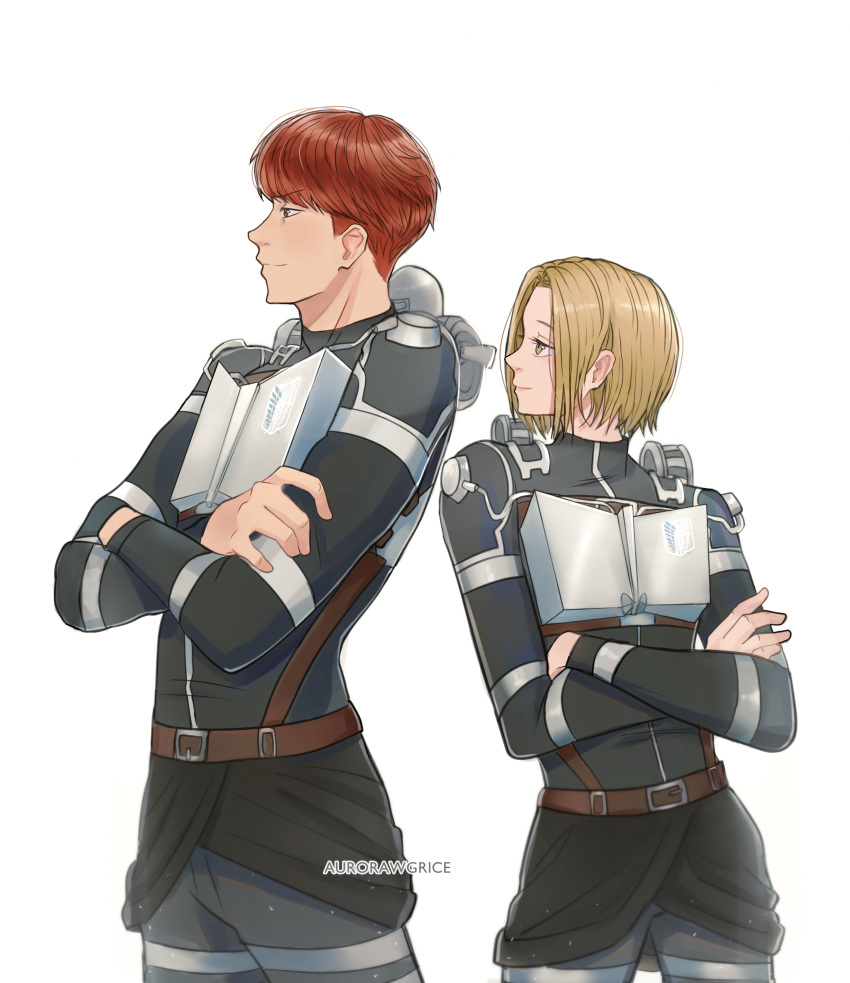 1boy 1girl absurdres aurora_williams blonde_hair contrapposto crossed_arms floch_forster from_side half-erect highres long_sleeves looking_ahead louise_(shingeki_no_kyojin) orange_hair profile shingeki_no_kyojin simple_background smile smug standing white_background