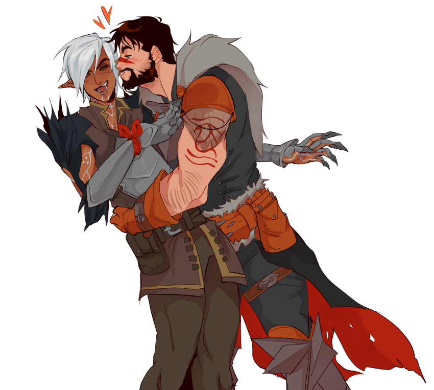 2boys absurdres arm_hair armor beard black_hair blush couple cowboy_shot dark-skinned_male dark_skin dragon_age dragon_age_2 elf facial_hair facial_mark fenris_(dragon_age_2) full_beard fur-trimmed_armor fur_trim garrett_hawke happy heart highres holding holding_staff hug kiss kissing_cheek leaning_forward looking_at_another lunehowls male_focus mature_male multiple_boys neck_tattoo pointy_ears short_hair shoulder_tattoo simple_background smile staff tattoo white_background white_hair yaoi