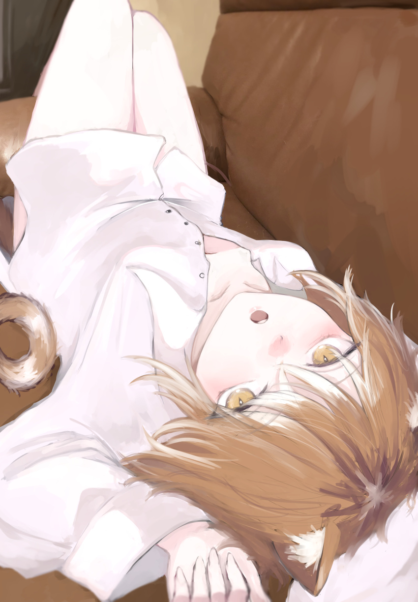 1girl absurdres animal_ear_fluff animal_ears breasts brown_eyes brown_hair cat_ears cat_girl cat_tail couch highres light_brown_hair long_sleeves looking_at_viewer lying multicolored_hair naked_shirt no_pants on_back on_couch open_mouth original partially_unbuttoned shirt short_hair small_breasts suzukano_pon tail two-tone_hair white_shirt