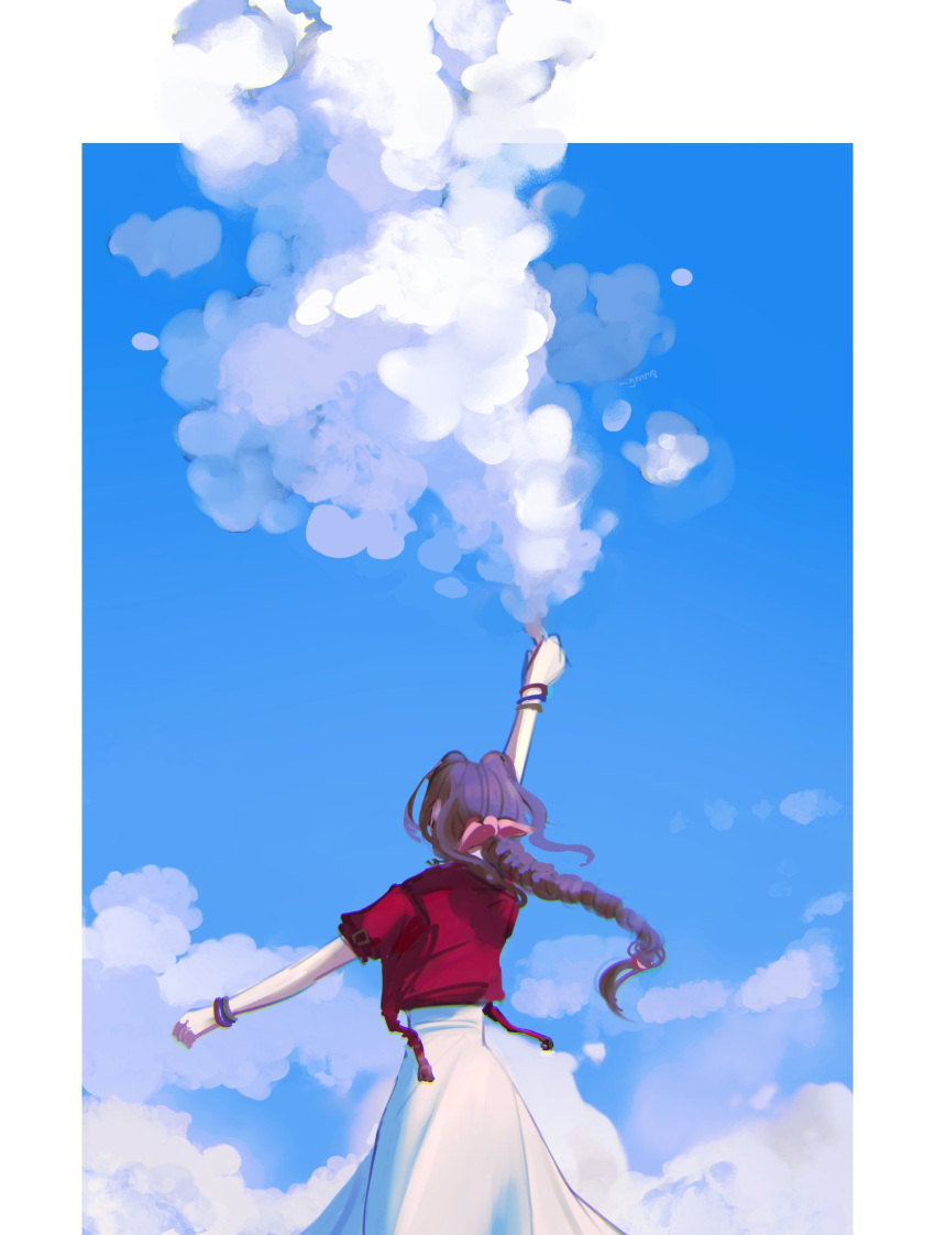 1girl aerith_gainsborough arm_up blue_sky border bow braid brown_hair cloud commentary final_fantasy final_fantasy_vii hair_bow highres jacket long_hair outside_border pink_bow red_jacket skirt sky solo standing white_border white_skirt ymr18
