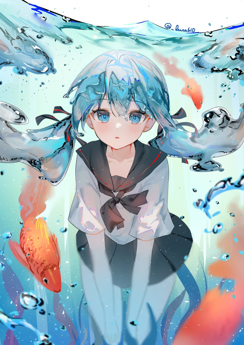 1girl air_bubble black_neckerchief black_sailor_collar black_skirt blue_eyes blue_hair blush bottle_miku bubble collarbone cowboy_shot fish floating_hair goldfish hair_between_eyes hatsune_miku highres leaning_forward liquid_hair long_sleeves looking_at_viewer luna_(luna610) miniskirt neckerchief parted_lips pleated_skirt sailor_collar shirt sidelocks skirt solo twintails twitter_username underwater vocaloid white_shirt