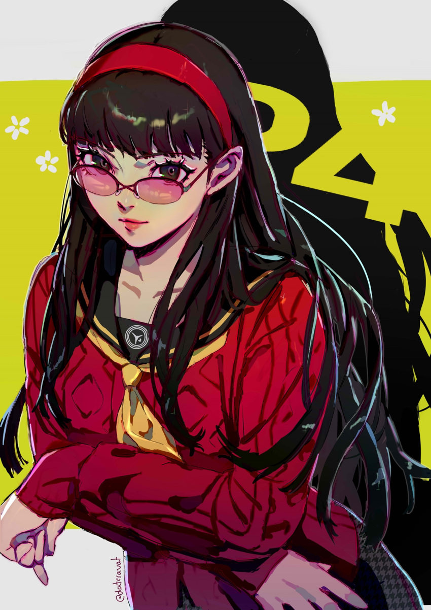 1girl amagi_yukiko black_hair black_sailor_collar blunt_bangs closed_mouth collarbone commentary datcravat glasses hair_behind_ear hairband highres long_sleeves looking_at_viewer neckerchief persona persona_4 persona_4_the_golden red_hairband red_lips red_sweater sailor_collar school_uniform serafuku solo sweater twitter_username upper_body yasogami_school_uniform yellow_neckerchief