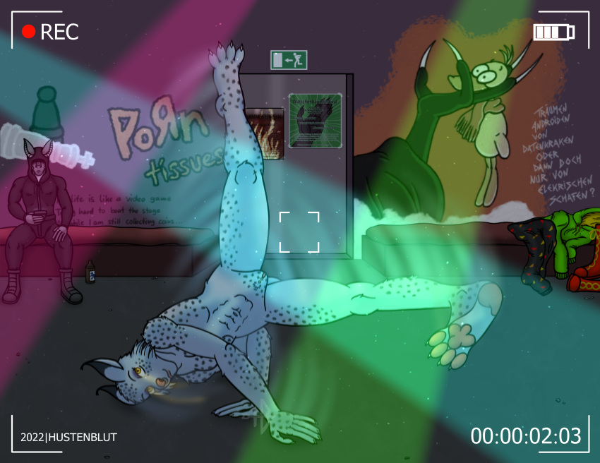 absurd_res alfred_j._kwak alfred_j._kwak_(series) anatid anseriform anthro avian battery_life beer_bottle bird bottle breakdance camera_hud camera_view casual_exposure casual_nudity chess_piece death_(personification) disco disco_lights duck duo english_text exhibitionism exit_sign facial_piercing felid feline female fur german_text graffiti hi_res humanoid hustenblut lynx lyrics male mammal nooshy nose_piercing nose_ring pawpads piercing plantigrade poster recording removed_clothing ring_piercing sing_2 smartphonedude spots spotted_body spotted_fur text tufted_ears yellow_eyes