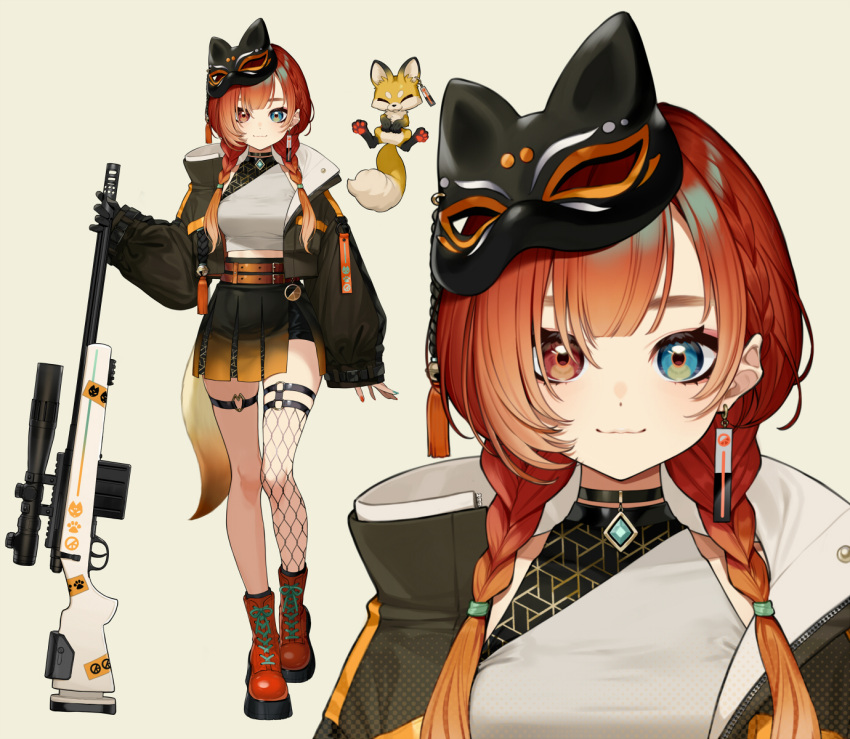 1girl black_jacket black_skirt braid brown_eyes brown_hair earrings fishnets fox fox_mask fox_tail green_eyes gun highres jacket jewelry mascot mask mikami_kon multicolored_eyes pleated_skirt reference_sheet reject_(esports) rifle shirt shoes skirt sniper_rifle tail thighs twin_braids twintails virtual_youtuber weapon white_shirt yuu_(higashi_no_penguin)