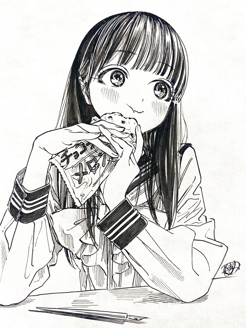 1girl absurdres akebi-chan_no_serafuku akebi_komichi bow bowtie closed_mouth commentary_request eating greyscale highres hiro_(dismaless) long_hair long_sleeves monochrome nib_pen_(object) pen sailor_collar school_uniform serafuku shirt solo upper_body