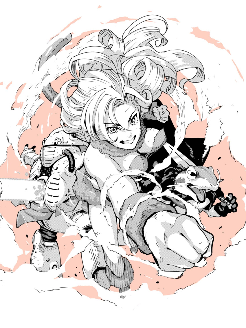 1boy 1girl 1other ayla_(chrono_trigger) breasts cape chrono_trigger foreshortening frog_(chrono_trigger) gloves highres holding holding_sword holding_weapon laser long_hair medium_breasts monochrome open_mouth pink_background punching robo_(chrono_trigger) robot shiomiya_iruka smile smoke sword weapon wristband