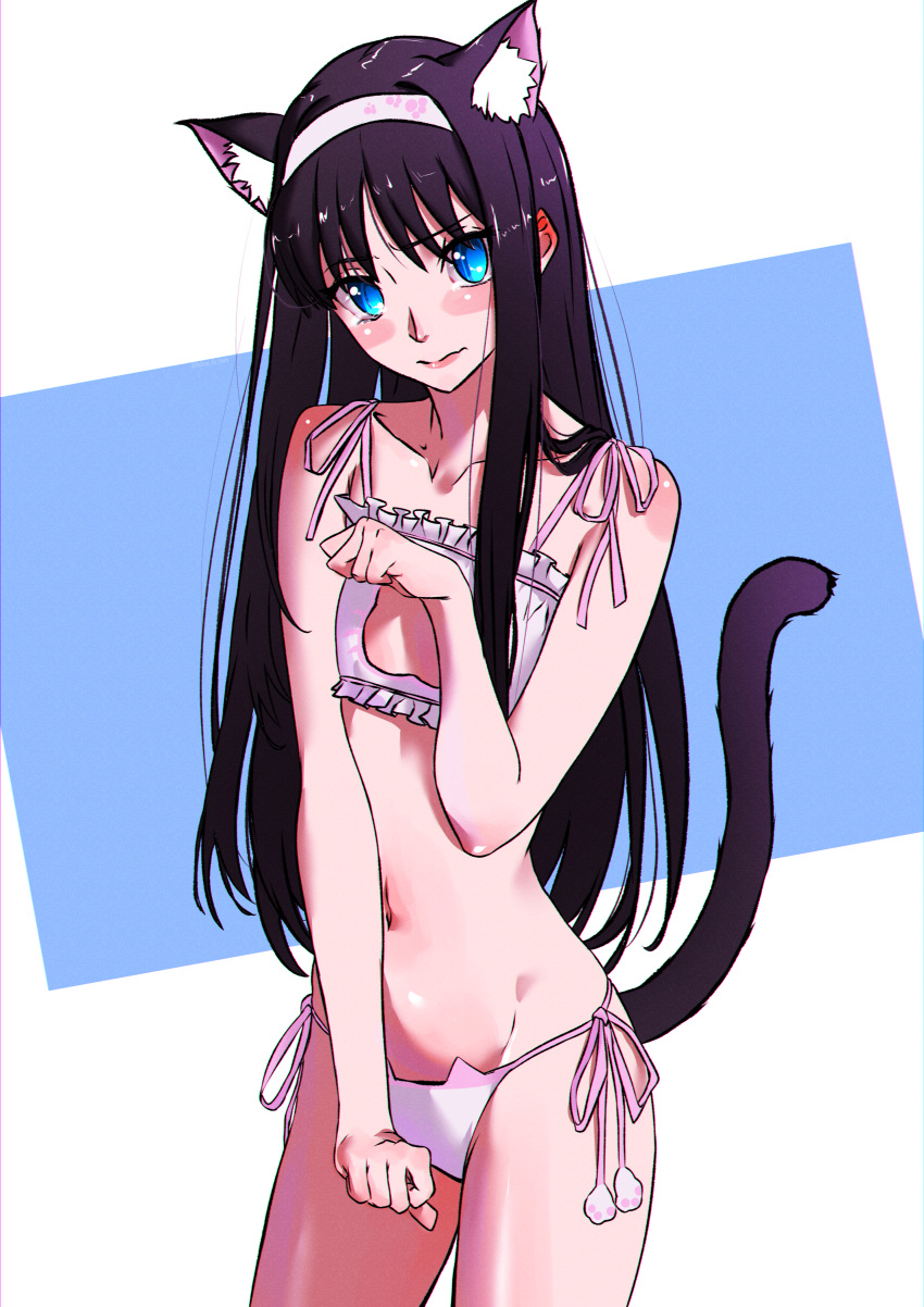 1girl absurdres alternate_costume animal_ear_fluff animal_ears black_hair blue_eyes blush_stickers bra cat_cutout cat_ear_panties cat_ears cat_lingerie cat_tail cleavage_cutout closed_mouth clothing_cutout collarbone commentary english_commentary flat_chest frilled_bra frills fukou hairband highres kemonomimi_mode lingerie long_hair looking_at_viewer meme_attire navel panties pink_bra pink_panties side-tie_panties solo stomach tail tohno_akiha tsukihime underwear white_hairband