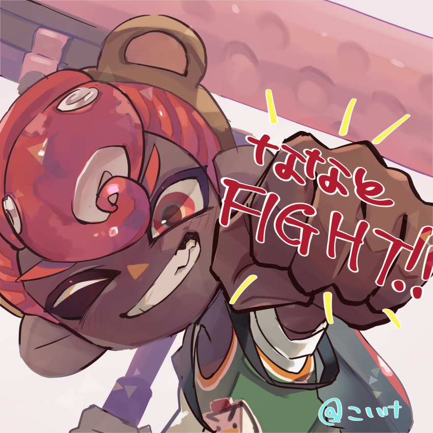 1boy absurdres animal_ears bear_ears brown_hairband clenched_hand dark-skinned_male dark_skin dynamo_roller_(splatoon) fake_animal_ears grin hairband highres holding jersey koike3582 octoling octoling_boy octoling_player_character one_eye_closed outstretched_arm pompadour red_eyes red_hair short_hair simple_background smile solo splatoon_(series) suction_cups teeth tentacle_hair v-shaped_eyebrows white_background