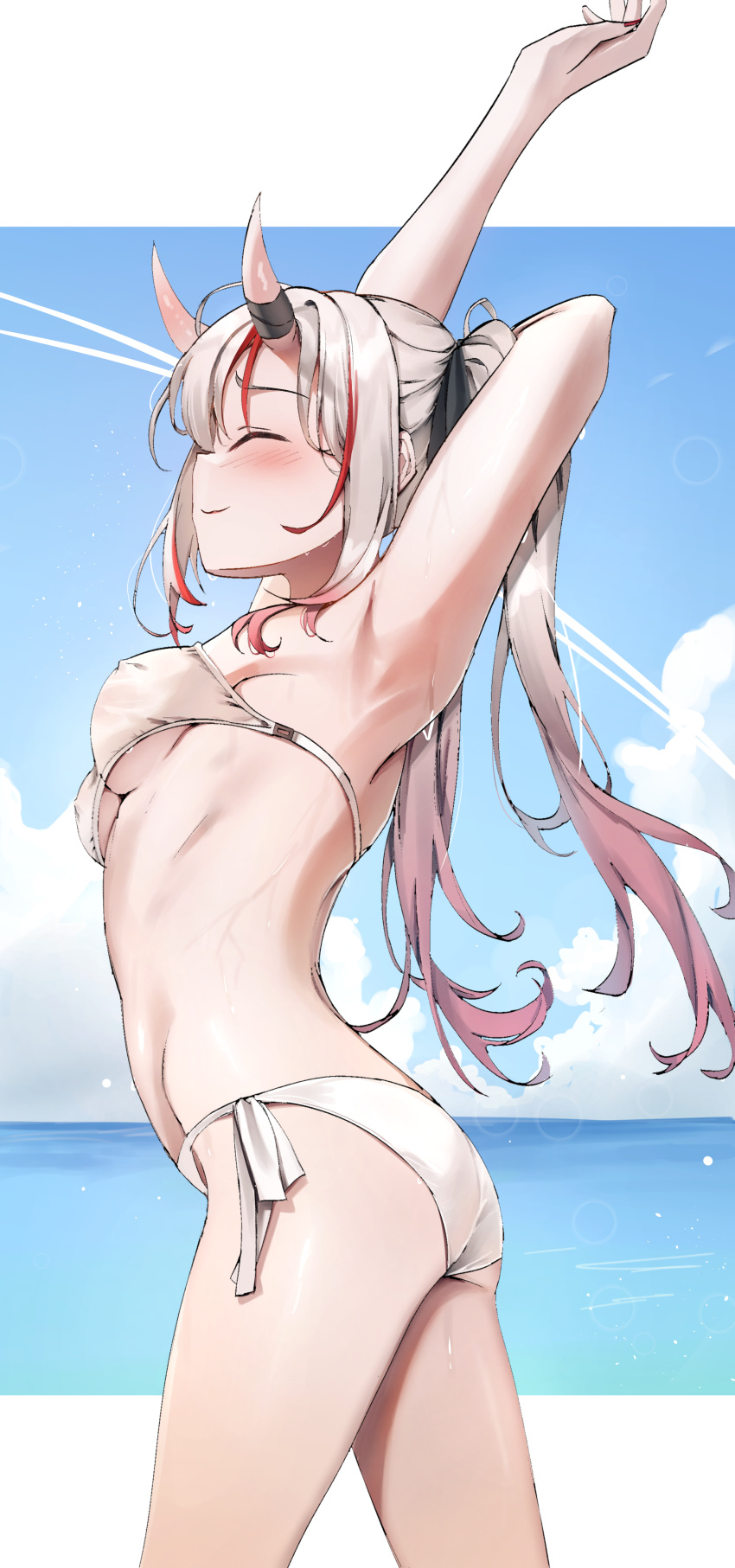 1girl absurdres armpits arms_up ass bikini blush breasts closed_eyes closed_mouth covered_nipples grey_hair highres hololive horns long_hair medium_breasts multicolored_hair nakiri_ayame ocean oni ponytail red_hair scarlet_(wv0102) side-tie_bikini_bottom smile solo streaked_hair stretching swimsuit virtual_youtuber water wet wet_clothes