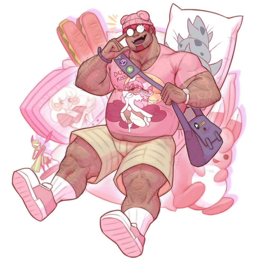 1boy bag bara beard f_con facial_hair fangs glasses hairy hat highres humanization male_focus manly mature_male muscular muscular_male open_mouth pectorals pin pink_hair plump pokemon shirt shoes short_hair shorts simple_background slowbro socks solo stuffed_animal stuffed_toy teeth thick_arms thick_thighs thighs tight_clothes very_hairy watch white_background wristband wristwatch