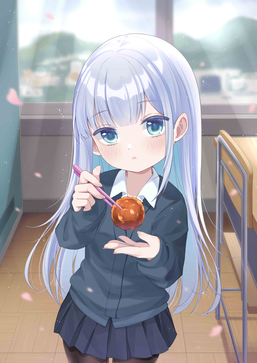 absurdres aharen-san_wa_hakarenai aharen_reina bangs black_pantyhose blue_eyes blue_jacket blue_skirt blunt_bangs blush chopsticks classroom collared_shirt cowboy_shot daimaru-kun fingernails food highres holding holding_chopsticks jacket light_blue_hair long_hair long_sleeves looking_at_viewer meatball open_mouth pantyhose pleated_skirt school_uniform shirt skirt standing straight_hair very_long_hair