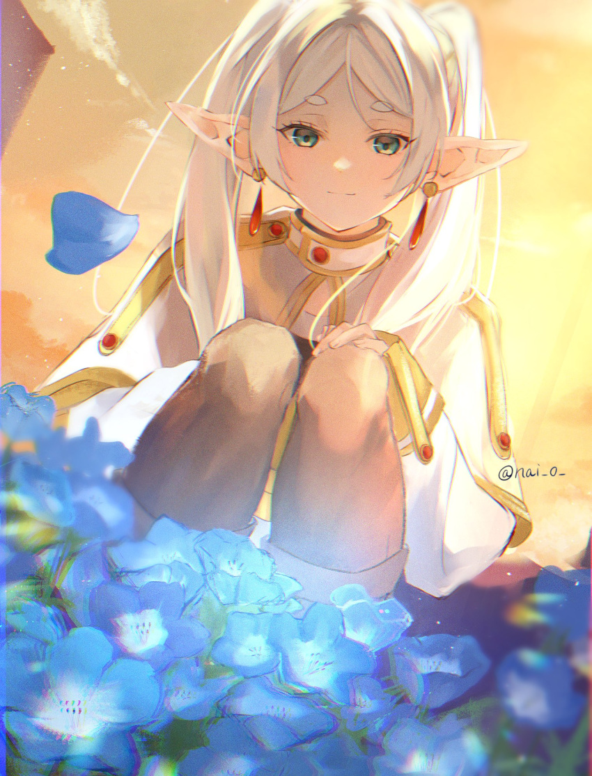 1girl artist_name blue_flower blue_petals boots brown_footwear brown_leggings capelet closed_mouth cloud commentary dusk dutch_angle elf eyelashes film_grain flower flower_bed frieren green_eyes hand_on_own_knee highres hikimayu itoka_mei_(nai) knees_up leggings light_smile long_hair looking_at_viewer orange_sky outdoors parted_lips pointy_ears short_eyebrows sky solo sousou_no_frieren squatting sunset teardrop_earrings thick_eyebrows twintails twitter_username white_capelet white_hair