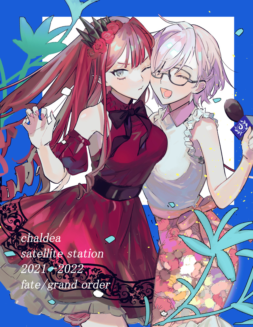 2girls :t baobhan_sith_(chaldea_satellite_station)_(fate) baobhan_sith_(fate) bare_shoulders black_bow blue_background blush bow breasts cheek-to-cheek closed_eyes dress english_text fate/grand_order fate_(series) floral_print flower glasses grey_eyes hair_flower hair_ornament hand_up heads_together highres kitou_saji long_hair looking_at_viewer mash_kyrielight microphone multicolored_background multiple_girls nail_polish one_eye_closed pink_hair pink_nails pointy_ears red_dress red_flower red_hair shirt sidelocks skirt sleeveless sleeveless_dress sleeveless_shirt smile white_background white_footwear