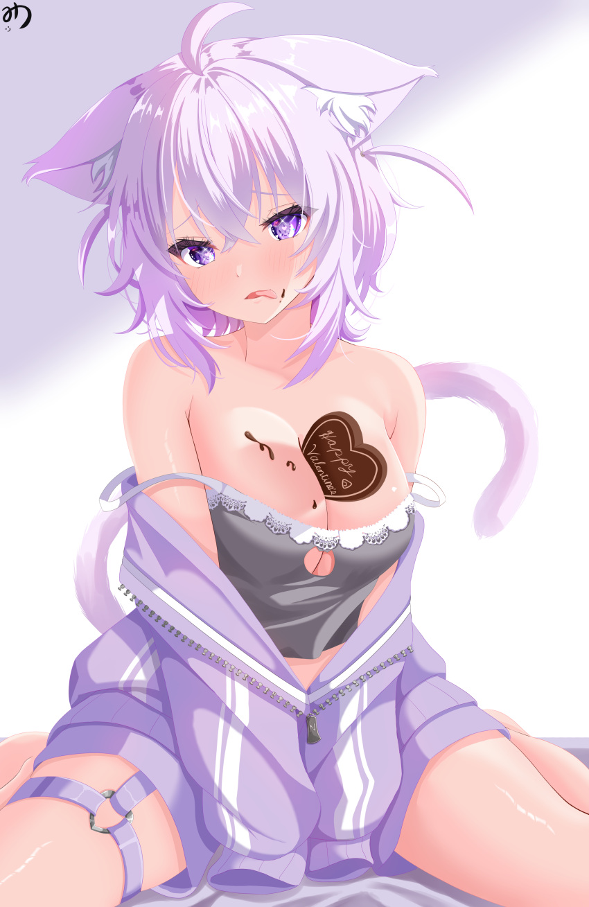 1girl absurdres ahoge animal_ear_fluff animal_ears between_breasts black_camisole blush breasts camisole candy cat_ears cat_girl cat_tail chocolate chocolate_on_body chocolate_on_breasts chocolate_on_face cleavage food food_on_body food_on_face heart heart-shaped_chocolate heart_o-ring highres hololive jacket large_breasts looking_at_viewer medium_hair muutsu_(maxwell0916) nekomata_okayu nekomata_okayu_(membership) o-ring o-ring_thigh_strap official_alternate_costume purple_eyes purple_hair purple_jacket purple_shorts shorts solo tail thigh_strap tongue tongue_out two_side_up virtual_youtuber