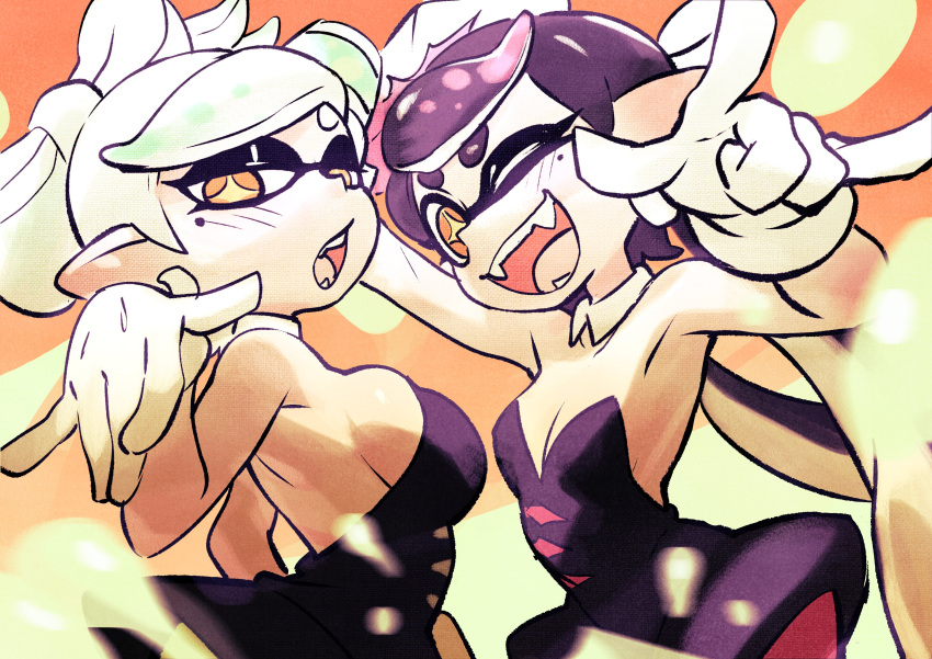 +_+ 2girls absurdres black_hair black_jumpsuit bow-shaped_hair breasts callie_(splatoon) cleavage colo_(nagrolaz) cousins detached_collar earrings fangs food food_on_head gloves highres inkling jewelry jumpsuit large_breasts long_hair marie_(splatoon) mole mole_under_eye multiple_girls object_on_head open_mouth pantyhose pointy_ears short_hair short_jumpsuit sideboob small_breasts smile splatoon_(series) splatoon_1 sushi tentacle_hair yellow_eyes