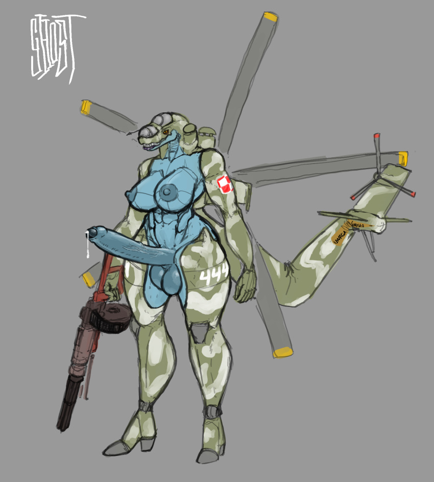 aircraft anthro balls big_breasts bodily_fluids breasts camo clothing cockpit drum_magazine female footwear foreskin genital_fluids genitals gh0stw0rx gun helicopter hi_res high_heels holding_gun holding_object holding_ranged_weapon holding_weapon intersex living_aircraft living_machine living_vehicle machine mi-24 muscular number_on_body penis poland polish_air_force_checkerboard polish_text precum ranged_weapon rotor solo solo_focus text thick_thighs vehicle vein veiny_penis weapon