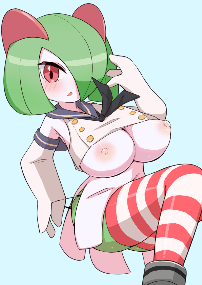 big_breasts blue_background blush breasts butt clothed clothing cosplay dress exposed_breasts female footwear green_hair hair hi_res humanoid kantai_collection legwear mae_ga_mienu nintendo nipples open_mouth panties panty_lines pattern_clothing pattern_legwear pattern_stockings pok&eacute;mon pok&eacute;mon_(species) red_eyes sailor_uniform shimakaze_(kancolle) shoes simple_background solo stockings striped_clothing striped_legwear striped_stockings stripes underwear video_games white_body white_skin