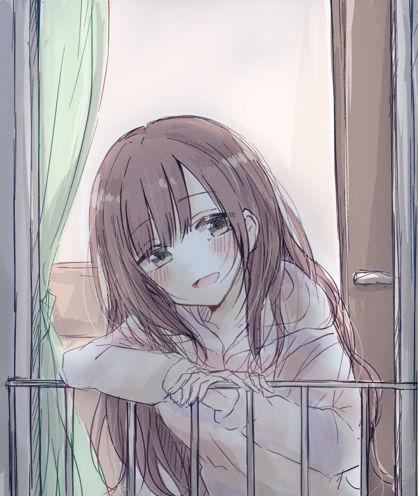 1girl :d against_railing backlighting baran._(ba_ra_ran) bedroom blush brown_hair collarbone curtains door hair_down half-closed_eyes head_tilt highres hood hood_down hoodie idolmaster idolmaster_cinderella_girls igarashi_kyoko long_hair looking_at_viewer open_mouth own_hands_together pink_hoodie railing sidelocks smile solo upper_body yellow_eyes