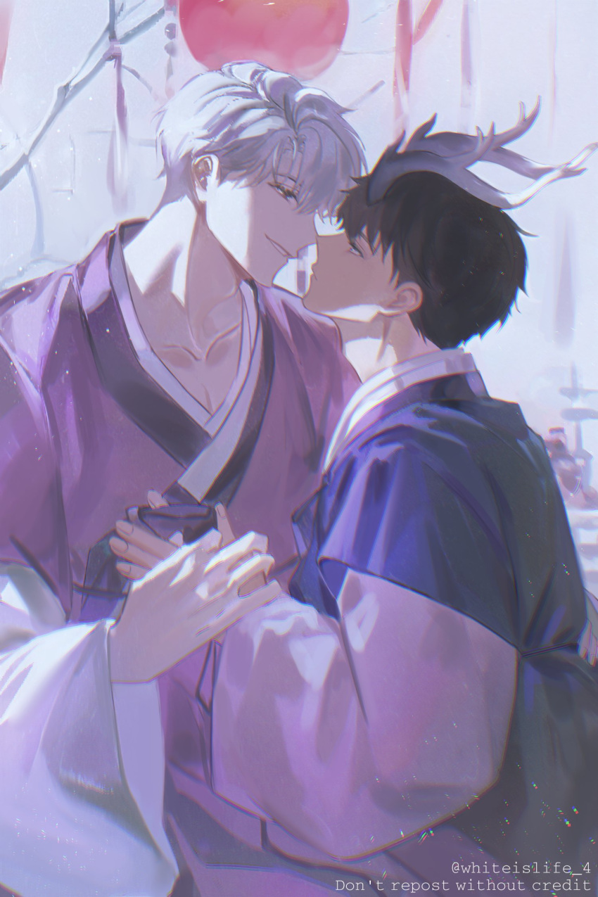 2boys blue_robe brown_hair collarbone eye_contact highres holding_hands horns ilay_riegrow jeong_taeui long_sleeves looking_at_another male_focus multiple_boys passion_(manhwa) purple_robe robe short_hair smile twitter_username upper_body white_background white_hair whiteislife_4 yaoi