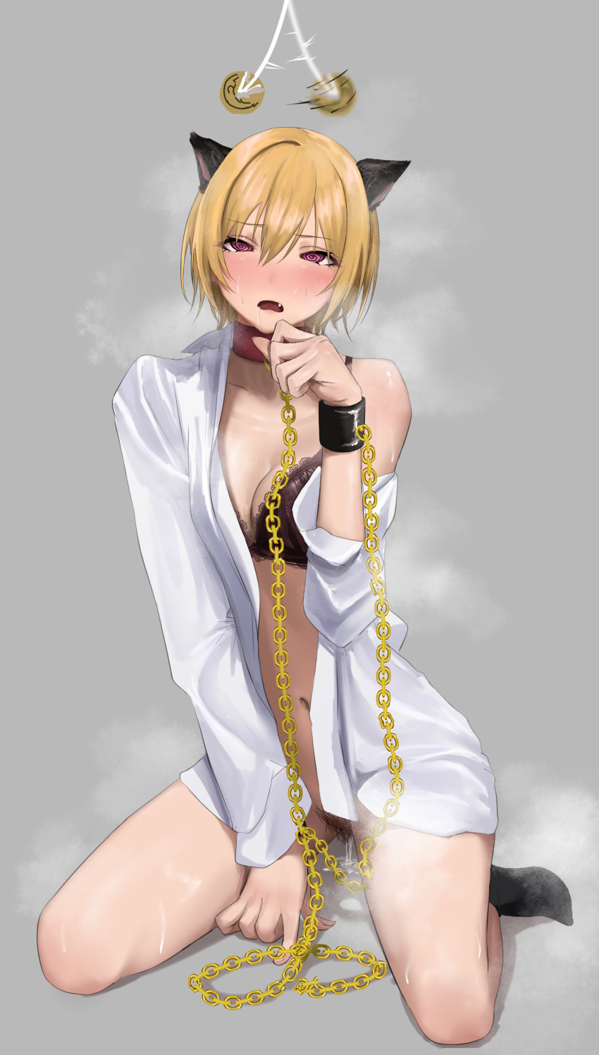 1girl @_@ absurdres afterimage black_bra black_socks blonde_hair blush bra breasts cardigan chain chain_leash cleavage cloneryu drooling female_pubic_hair full-face_blush full_body highres hypnosis idolmaster idolmaster_shiny_colors lace-trimmed_bra lace_trim leash looking_up medium_breasts mind_control navel no_panties pendulum pubic_hair pussy_juice pussy_juice_trail saijo_juri saliva seiza shirt simple_background sitting socks solo steam underwear white_shirt