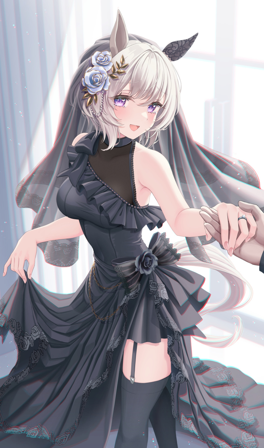 1girl :d absurdres backlighting bare_arms black_dress black_thighhighs black_veil blue_flower blue_rose chromatic_aberration curren_chan_(umamusume) dress flower garter_straps hair_between_eyes hair_flower hair_ornament highres horse_girl jewelry mu-to pink_eyes ring rose short_hair skirt_hold smile solo_focus thighhighs umamusume veil wedding_ring white_hair