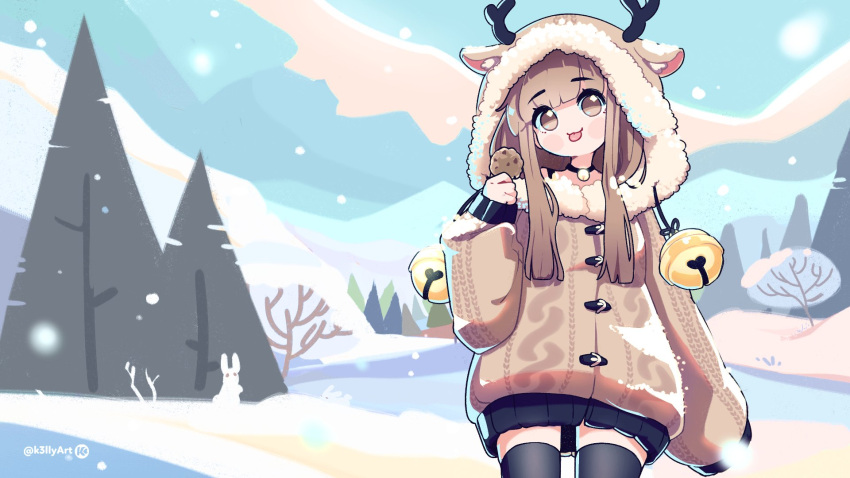 1girl :p angelica_(k3lly) animal animal_ear_hood animal_ears animal_hood antlers bell black_collar black_skirt black_thighhighs blunt_bangs blush_stickers brown_coat brown_eyes brown_hair coat collar cookie deer_ears english_commentary food fur-trimmed_coat fur-trimmed_hood fur_trim highres holding holding_cookie holding_food hood horns jingle_bell k3lly long_hair looking_at_viewer neck_bell original outdoors rabbit reindeer_antlers reindeer_hood skirt sleeves_past_wrists snow snowing solo standing thighhighs tongue tongue_out tree twitter_username watermark winter